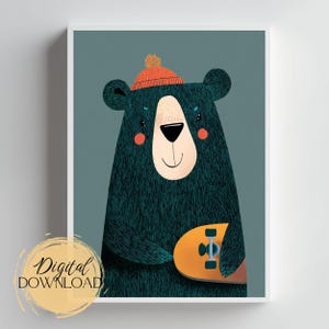 Printable Bear Woodland Animal Download, Nursery Decor, Animal Poster, Bear Drawing Print, Printable DIY Home Decor, Bear Digital Wall Art