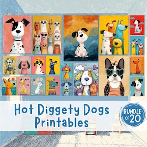Hot Diggety Dogs Wall Art Bundle, 20 Printables Whimsical Animal Poster, Fun Puppy Nursery Digital Print, Playroom Classroom Decor