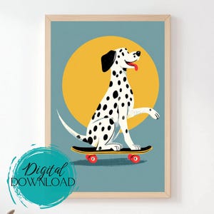 Skateboard Dog Digital Art, Dalmatian Digital Print For Kids Room, Modern Animal Poster Printable Instant Download, Playroom Animal Decor