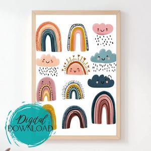 Boho Rainbow Cloud Digital Download, Cute Weather Wall Art For Kids Room Or Nursery, Printable Sun Rain Rainbow Poster