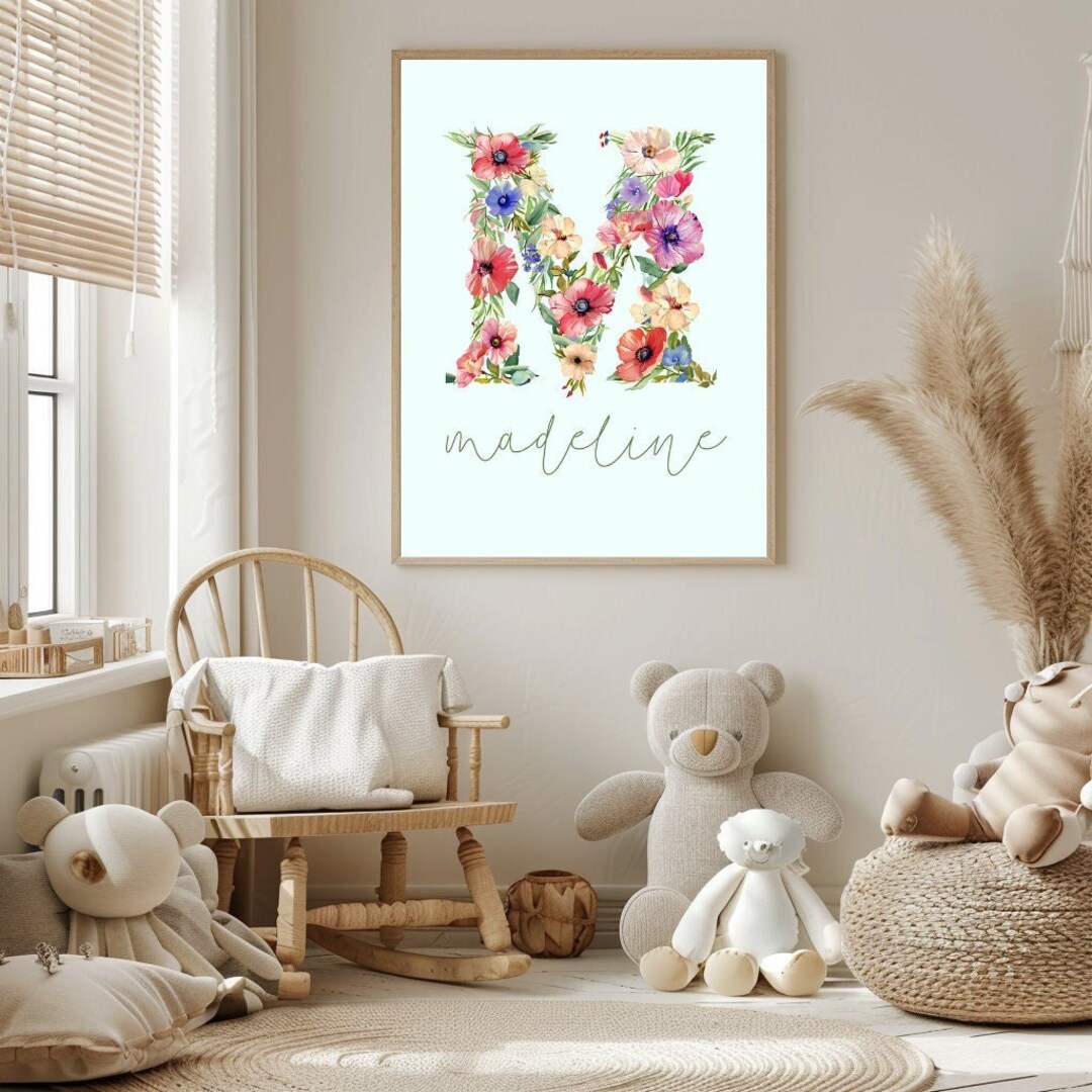 Personalized Floral Baby Name Wall Decor, Baby Girl Framed Wall Art
