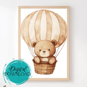 Bear Balloon Printable, Kids Room Wall Art, Nursery Animal Decor, Hot Air Balloon Bear Print, Whimsical Nursery Art, Digital Download
