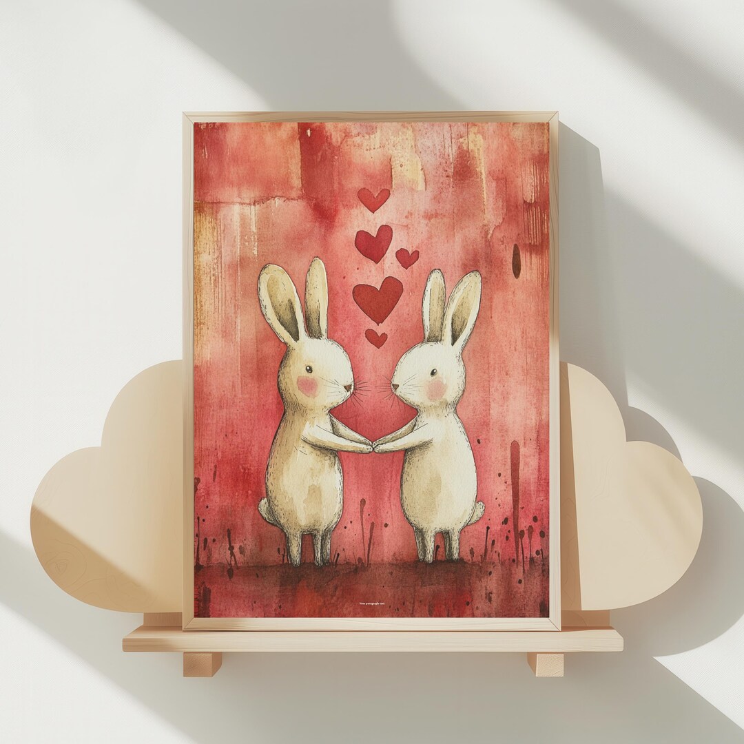 Hand Art Rabbit Romantic Bunny Pair Printable Art, Cute Rabbits Holding Hands Art, Warm ...