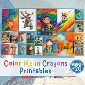 Kids Printables Wall Art Bundle, 20 Printables Whimsical Prints, Classroom Decor, Crayon-Style Nursery Playroom Digital Print Decor