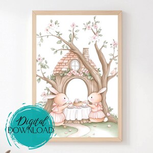 Bunny Tea Party Print: Whimsical Nursery Wall Art (Digital Download)