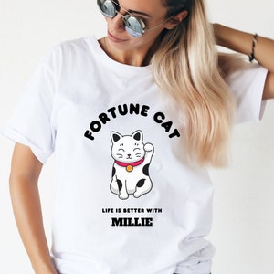 Personalised Fortune Cat Print Cute Cat T-Shirt Custom Cat Name Tshirt Gift for Cat Lovers Cat Dad Cat Mum