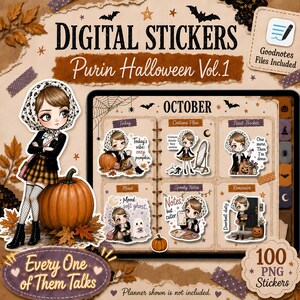 Może przedstawiać: Cyfrowy zestaw naklejek zatytułowany Purin Halloween Vol. 1 przedstawiający postać z kreskówki z brązowymi włosami, w chustce na głowie, spódnicy w kratę i czarnych butach. Zestaw zawiera 100 naklejek PNG z motywami Halloween i etykietami.
