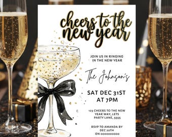 Cheers To The New Year Party Invitation Template, Champagne Theme NYE Invite, Editable 2026