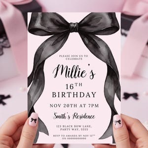 May include: A pink invitation with a black ribbon design, announcing Millie's 16th birthday. The invitation includes the date, time, and location: Smith's Residence. Additional decorative elements include black bows and pink gift boxes.
