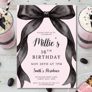 May include: A pink birthday invitation with a black bow design, announcing "Millie's 16th Birthday". The image includes party decorations like ribbons, desserts, and a slice of cake with a sparkler, all in pink and black.