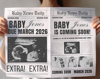 Schwangerschaftsmitteilung Große Zeitungs-Baby-Ankündigung Schwangerschafts-Ankündigungspapier-Babyparty-Ankündigung Canva Bearbeiten Sie Vorlage