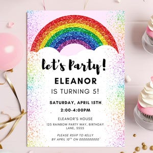 Rainbow Glitter Birthday Party Invitation Template, Colorful Glitter Invite, Sparkle Girl Party Invite, Digital E-Invite, Editable Canva