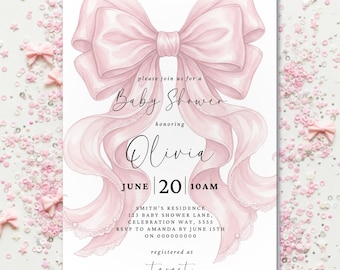 Modello di invito per baby shower con fiocco rosa cipria, invito per baby shower con fiocco rosa Coquette