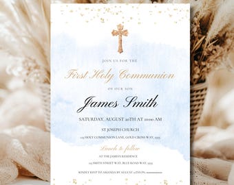 Blue First Holy Communion Invitation Editable, Printable Baptism Boy Invite, Christening Blue Water Color Invitation, Naming Ceremony Boy