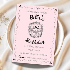 Retro Cake Birthday Invitation 30th Birthday Invite Vintage 21st Retro Birthday Invite Heart Cake Invite Black Coquette Invite Cute Bows