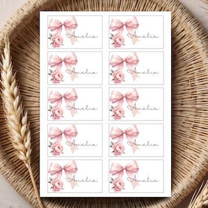 Rosa Schleifen-Platzkartenvorlage zum Ausdrucken, flache Tischkarten, Baby-Dusche-Platzkarten, Blumenbogen-bearbeitbare Tischkarten, rosa Bögen-Baby-Mädchen-Leinwand