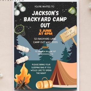 May include: A camping-themed invitation for a backyard camp out party. The invitation features a tent, a campfire, marshmallows, and a sign that says "let's go camping!" The text on the invitation reads "Jackson's Backyard Camp Out, 5 June at 4pm, 123 Backyard Lane, Camp Cut Way, 5555. RSVP to Amanda by 1st June, CN 0000000000. Please bring your sleeping bag if you would like to spend the night."