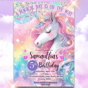 Unicorn Birthday Invitation Pastel Rainbow Party Invite Sparkle Invitation Download Printable Pink Unicorn Rainbow Unicorn Girls Invitation