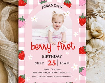 Editable Photo 1st Birthday Party Invitations Berry First Birthday Invitation Template Printable Strawberry Birthday Invite Girl 1st Party