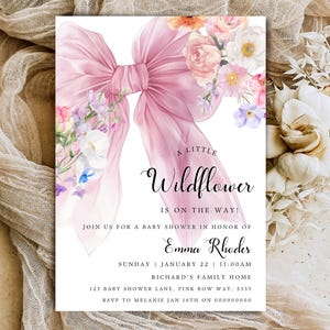Editable Wildflower Baby Shower Invite Coquette Pink Bow Baby in Bloom Baby Shower Invite Template Floral Coquette Baby Girl Canva Invite