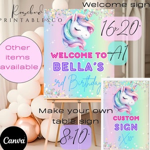 Placa de boas-vindas de aniversário de unicórnio editável, modelo de placa personalizada de aniversário de unicórnio, convite de aniversário de unicórnio, convite para festa de arco-íris pastel brilhante