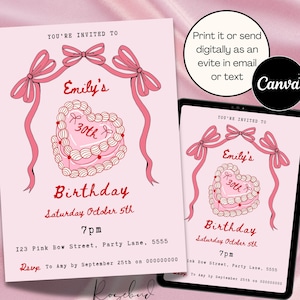 Retro Cake Birthday Invitation 30th Birthday Invite Vintage 21st Retro Birthday Invite Heart Cake Invite Pink Coquette Invite Pink Cake