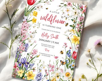Our Little Wildflower First Birthday Invitation Wildflower Girl Birthday Invite Floral 1st Birthday Invite Spring Flowers Butterflies Invite