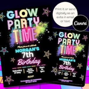 Glow Party Birthday Invitation Glow Invitation girl boy Neon Party Invite Neon Lights Glow Party Template Editable Canva Print Glow Evite