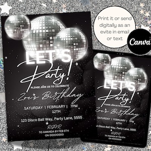 Lässt Party Disco-Kugeln einladen Neon-Silber-Schwarz und Funkelt einladen Party Disco All Ages Party einladen Canva Vorlage bearbeitbar evite