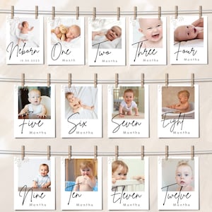 Modello di banner fotografico per il primo compleanno, biglietti modificabili per le tappe mensili del primo anno del bambino, banner fotografico per i 12 mesi, ghirlanda fotografica minimalista