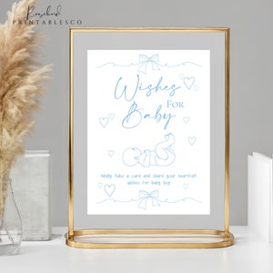 Plantilla de deseos para bebé / Lazo azul imprimible / Letrero y tarjetas de deseos para bebé niño / Juego de baby shower / Canva