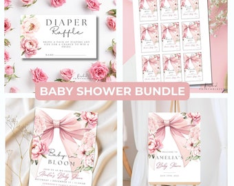 Pink Bow Baby in Bloom Baby Shower Invite Bundle Floral Coquette Baby Girl Diaper Raffle Pink Ribbon Welcome Sign Little Wildflower Gift Tag