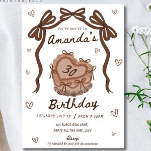 Retro Cake Birthday Invitation 30th Birthday Invite Vintage 21st Retro Birthday Invite Heart Cake Invite Brown Coquette Invite Brown Cake