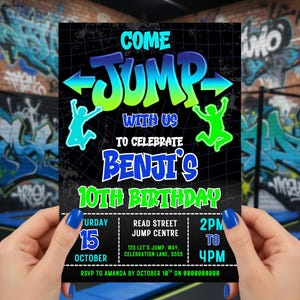 May include: A black invitation with the words "COME JUMP WITH US" in blue and green, celebrating Benji's 10th birthday. Details include the date, time, and location: Read Street Jump Centre.