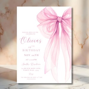 Editable Pink Coquette Bow Invite Digital Template Thirteen Birthday Invitation Minimal Birthday Invite Editable Canva Template