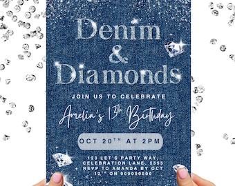 Denim and Diamonds Birthday Invitation Printable Blue Denim Birthday Dinner Invite Denim And Diamonds Party Invite Editable Canva Template
