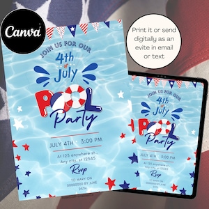 May include: A blue and red pool party invitation with a red, white, and blue pool float and the text "Join us for our 4th of July Pool Party". The invitation includes the date and time of the party, the address, and an RSVP request.