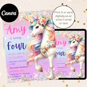 Invitación de cumpleaños de unicornio, invitación de fiesta de arcoíris pastel, invitación de unicornio con flores brillantes, descarga la plantilla imprimible de Canva, invitación para niñas
