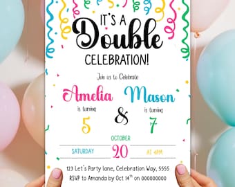 Editable Joint Party Birthday Invitation Sibling Birthday Party Invite Joint Birthday Party Invite Double Birthday Invitation Canva Template