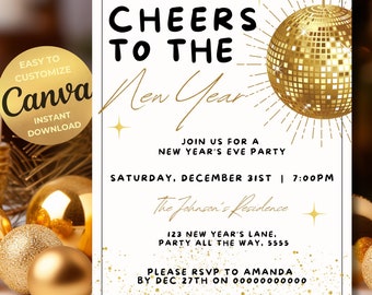 Printable New Year's Invitation New Years Party Invite Template New Years Eve Party Evite Gold Disco Ball Cheers To The New Year Invite
