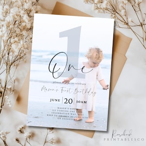 Editable 1st Birthday Invitation First Birthday Photo Party Invite Minimalist Boho 1st Boy Birthday Girl Birthday Digital One Photo Invite