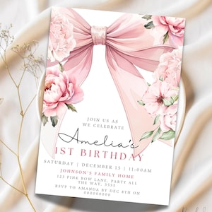 Faire-part premier anniversaire avec noeud rose, faire-part noeud coquette rose pour 1er anniversaire de fille, fleurs roses, fleurs, sauvage, fleurs sauvages, bébé en fleurs