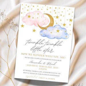 Gender Reveal Invite, Twinkle Twinkle Little Star Gender Reveal Party Invite , Gold Glitter Moon and Stars, Blue Pink Clouds, Baby Shower