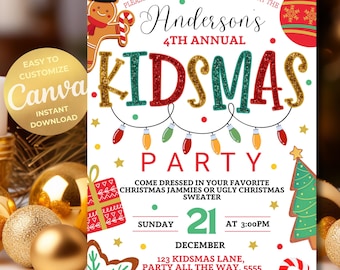 May include: A Christmas party invitation with a red, green, and gold color scheme. The invitation features a gingerbread man, a Christmas tree, and a candy cane. The text on the invitation reads "Anderson's 4th Annual Kidsmas Party".