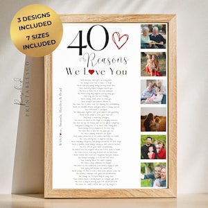 May include: A printable 40 reasons we love you poster with a black and white design and a red heart. The poster features a collage of photos of a family. The text "With Love: Amanda, Hayden & Brad" is printed on the left side of the poster.
