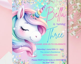 Unicorn Birthday Invitation Pastel Rainbow Party Invite Sparkle Invitation Download Printable Canva Template Girls Invitation