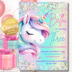 Invito di compleanno unicorno Invito per festa arcobaleno pastello Invito scintillante Scarica modello Canva stampabile Invito per ragazze