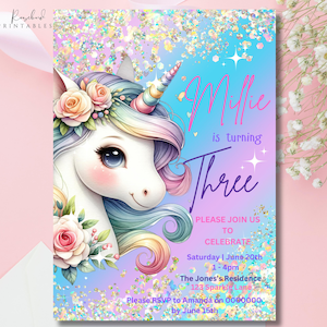 Unicorn Birthday Invitation Pastel Rainbow Party Invite Sparkle Invitation Download Printable Canva Template Girls Invitation