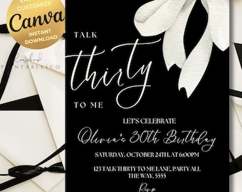 30th Birthday Invitation, Talk Thirty To Me , Coquette White Bow, Black and White, Canva Editable, Thirty Birthday Invite, Minimalist Ribbon