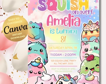 Squishmallow Birthday Invitation, Squish mallow Invite, Squish Birthday Party Printable, Squishy Party Invite, Rainbow Party, Girls Party